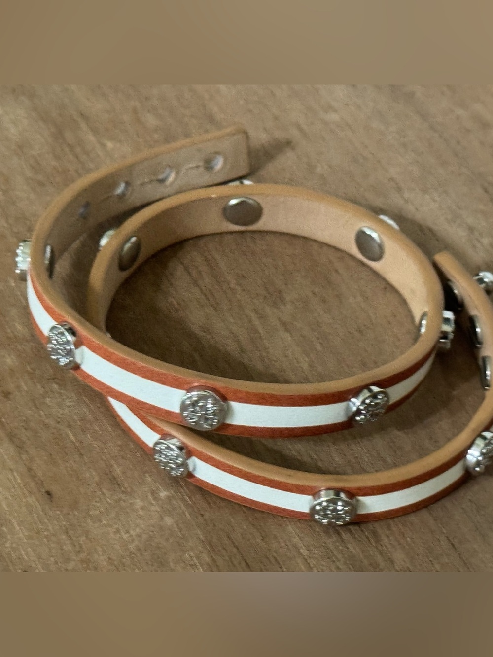 Rustic Cuff Double-Wrap Studded Bracelet - White & Tan